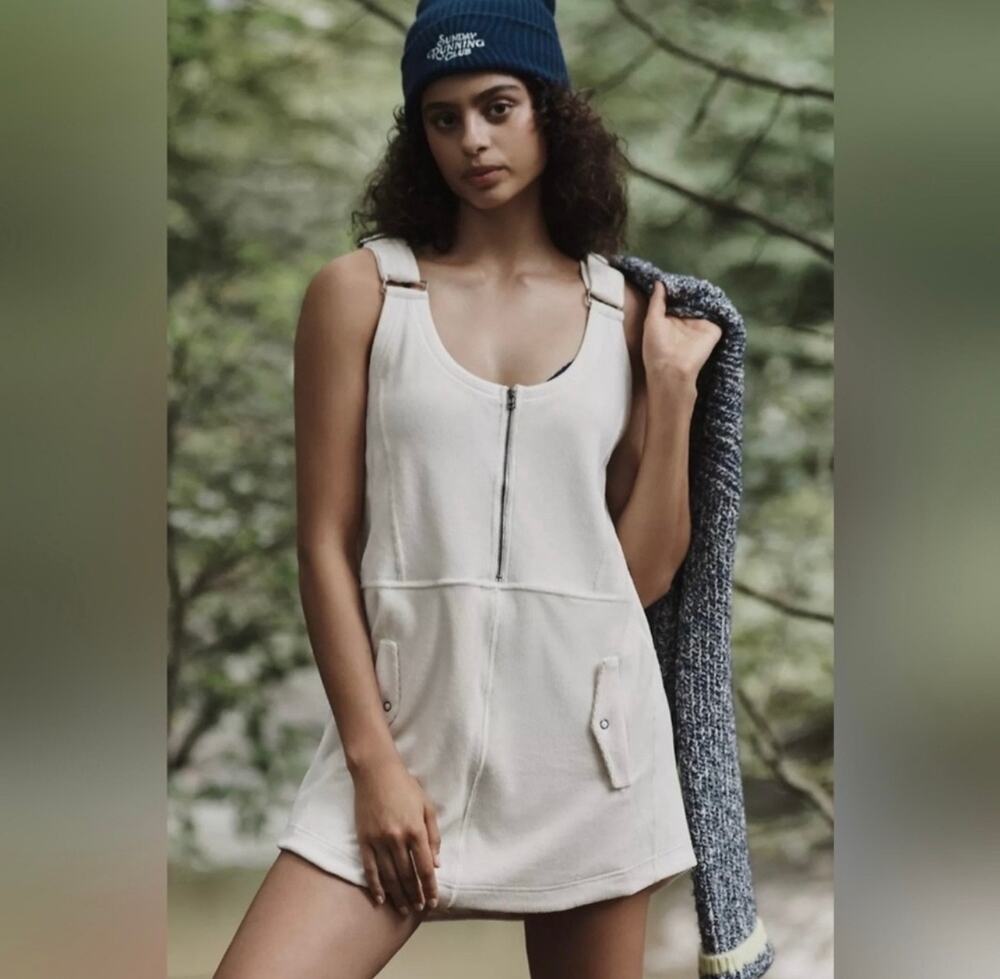 Daily Practice Anthropologie Ivory Soft Ribbed Zip Front 
Jockey Coverall Dress